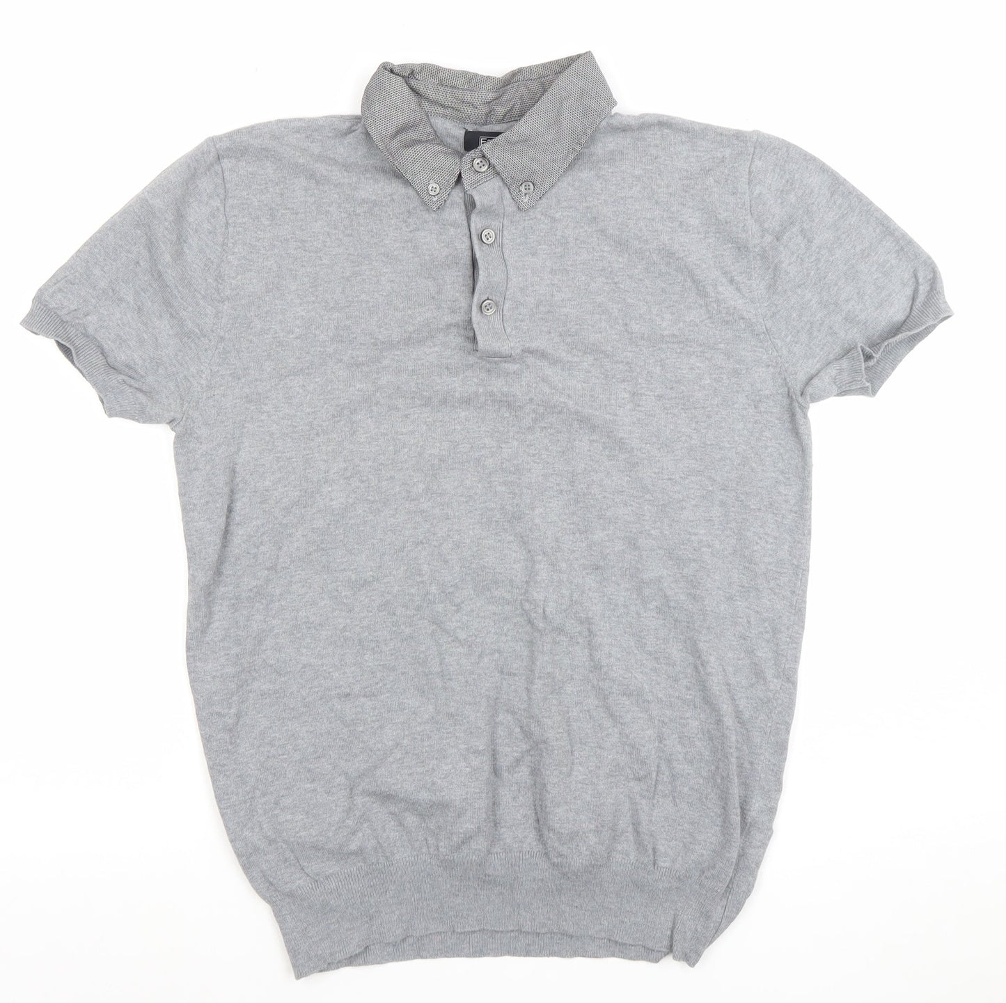 F&F Men's Grey Short Sleeve Button-Down Knit Collar Polo Shirt Size S