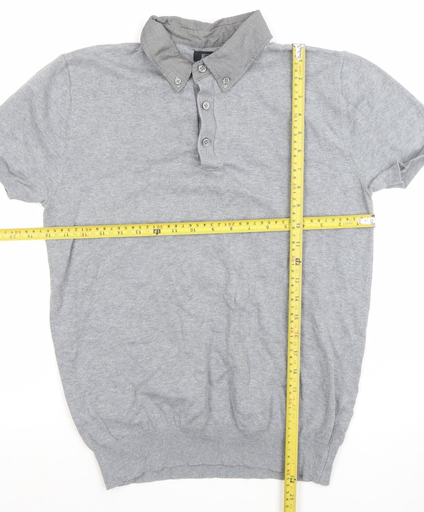 F&F Men's Grey Short Sleeve Button-Down Knit Collar Polo Shirt Size S