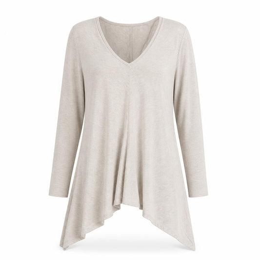 Front view of Pure Collection Women’s Beige Long Sleeve V-Neck Tunic Blouse, size UK 12