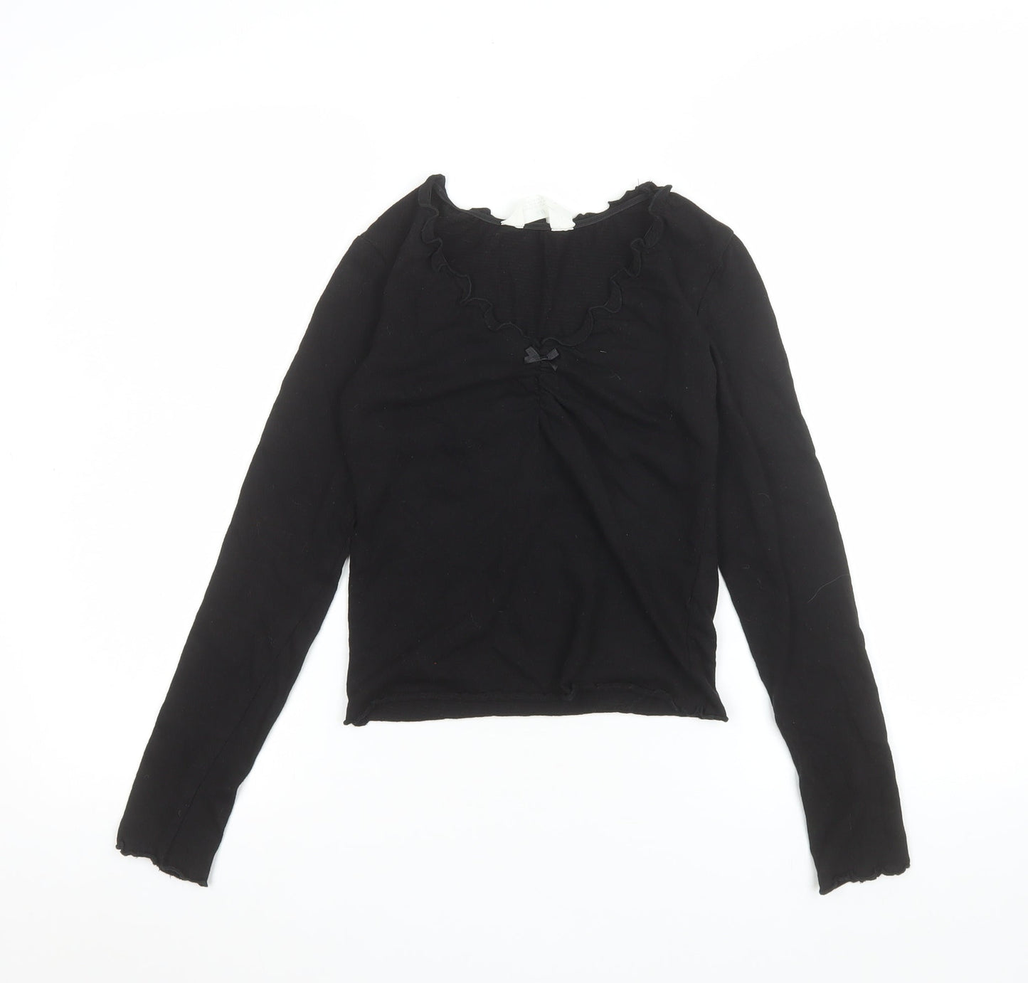 H&M Teens Black Long Sleeve Ruffle Bow Slim Fit T-Shirt L