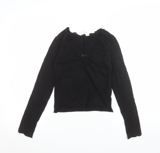 H&M Teens Black Long Sleeve Ruffle Bow Slim Fit T-Shirt L