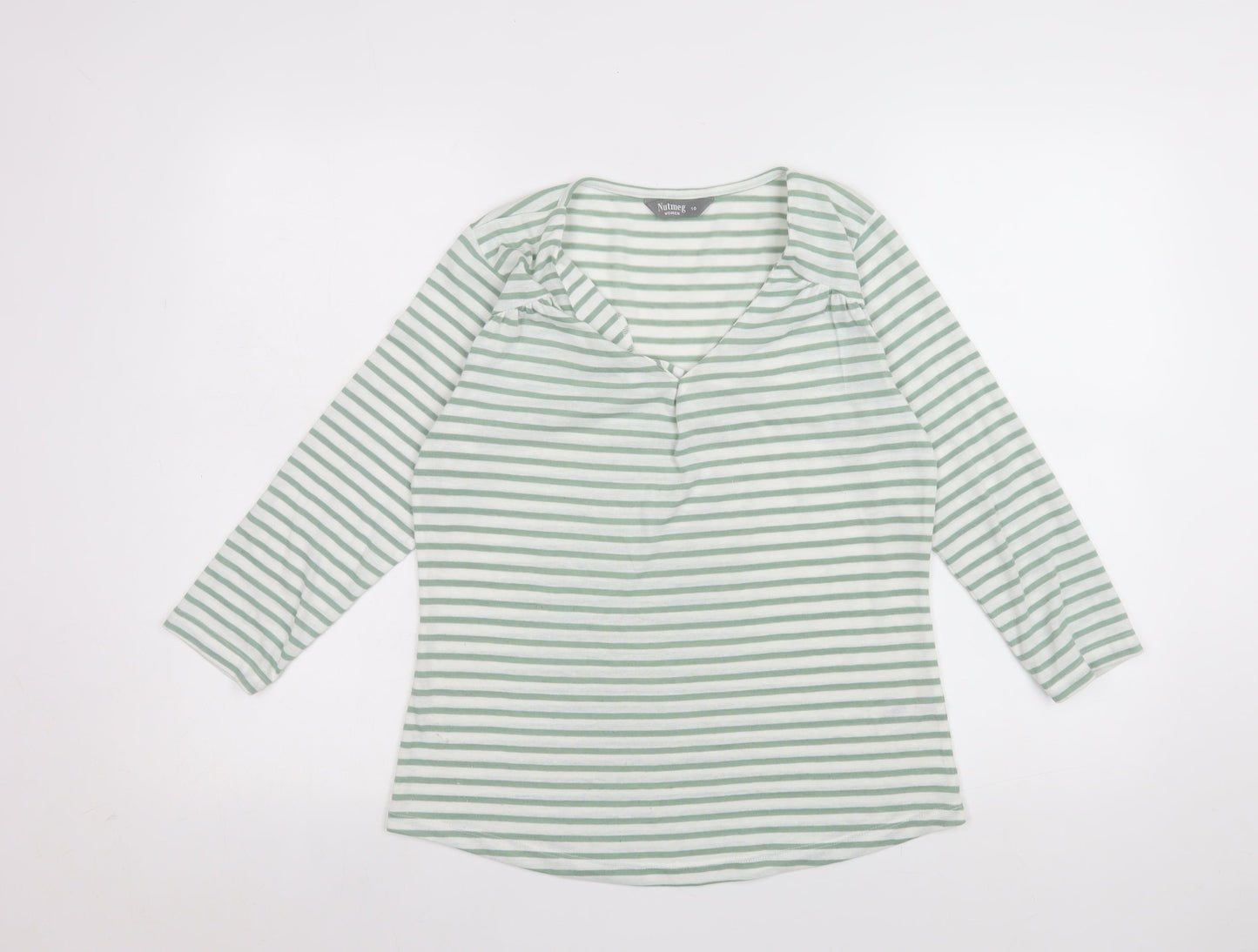 Nutmeg Womens Green White Striped V-Neck Long Sleeve T-Shirt Size 10