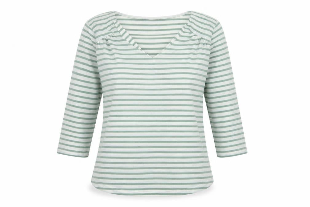 Nutmeg Womens Green White Striped V-Neck Long Sleeve T-Shirt Size 10