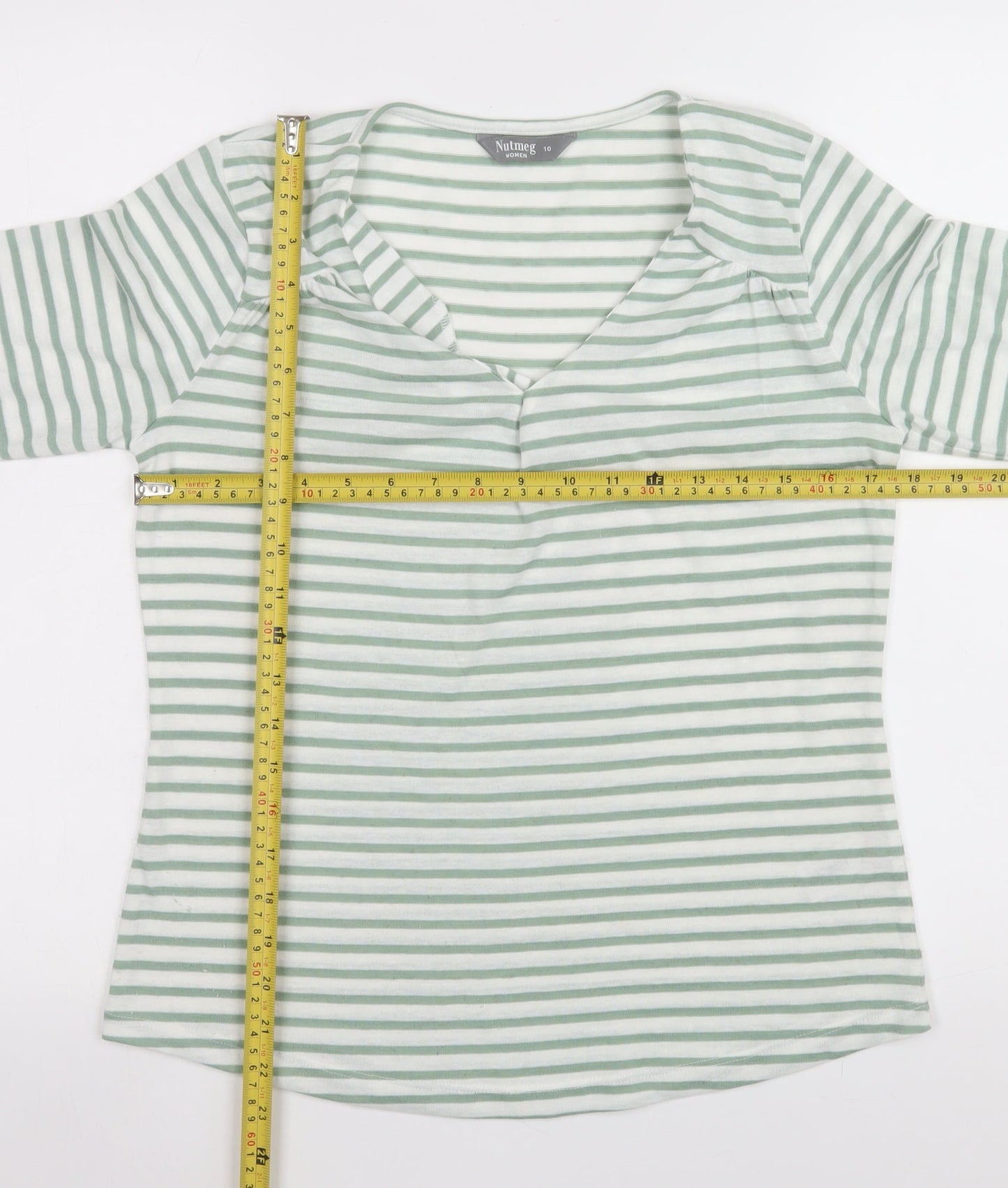 Nutmeg Womens Green White Striped V-Neck Long Sleeve T-Shirt Size 10