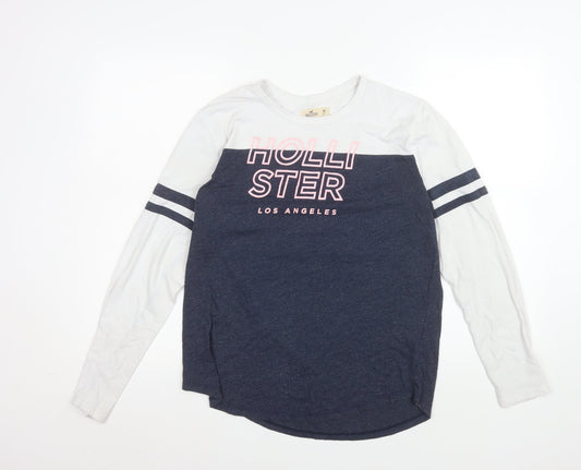 Hollister Womens Blue White Long Sleeve Crew Neck Colourblock T-Shirt M