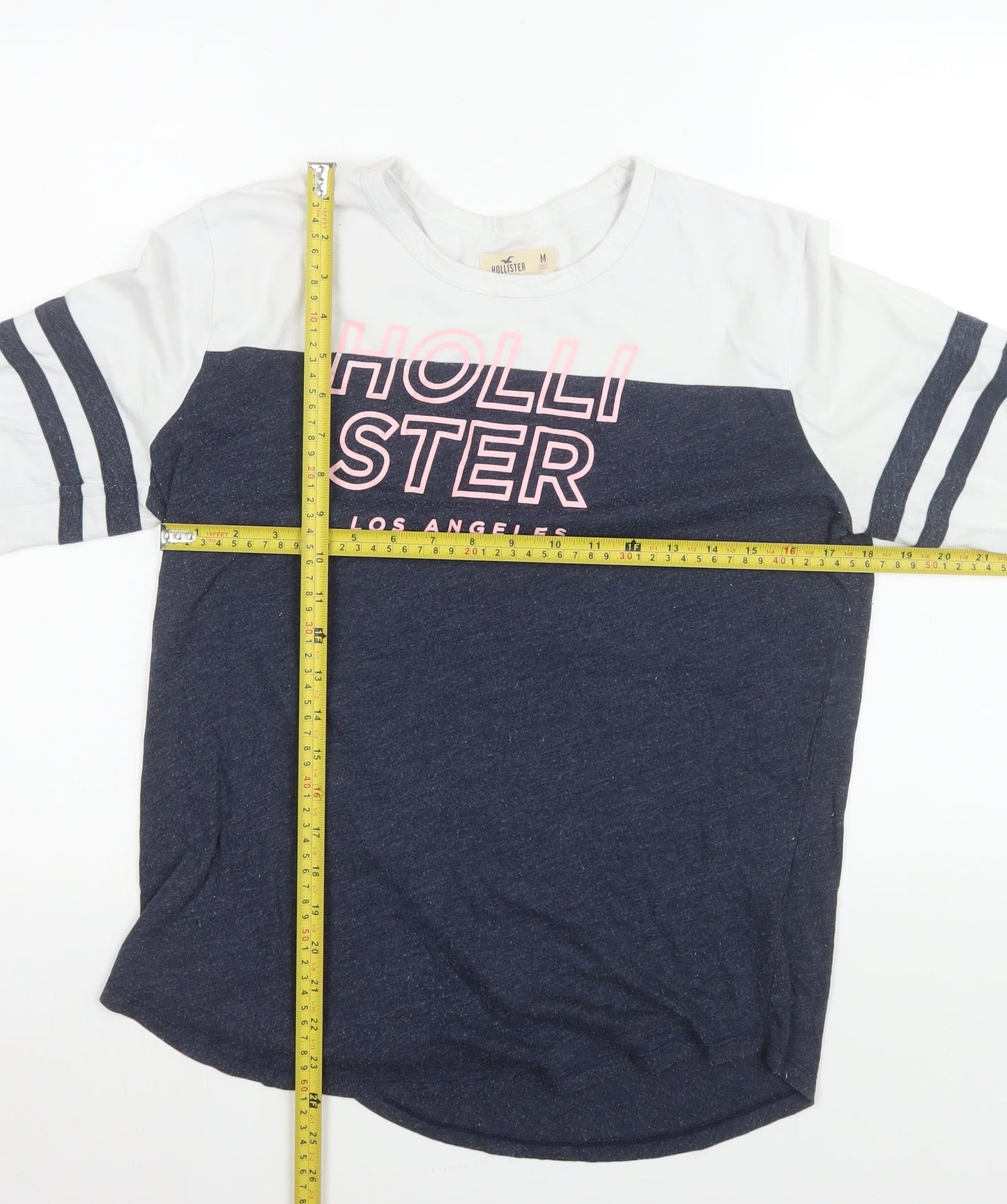 Hollister Womens Blue White Long Sleeve Crew Neck Colourblock T-Shirt M