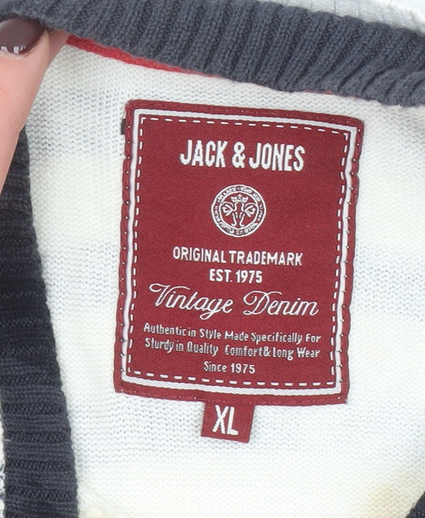 Jack & Jones Men's White Striped Crew Neck Knit Sweatshirt XL