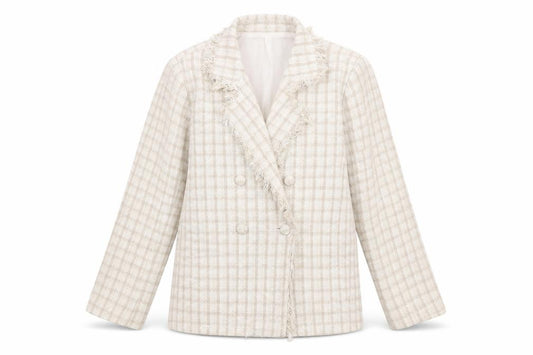Boohoo Women Beige Check Double-Breasted Blazer UK 18 Tweed Style