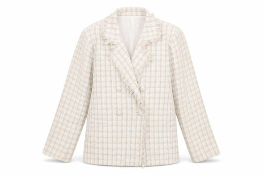 Boohoo Women Beige Check Double-Breasted Blazer UK 18 Tweed Style
