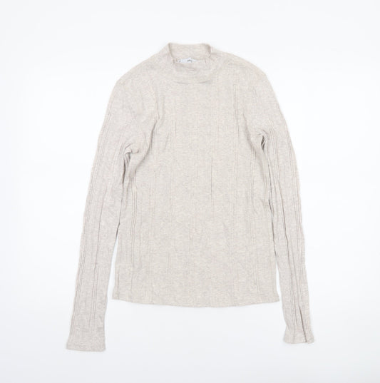 MNG Women Beige Long Sleeve Mock Neck Cotton Blend Top Size 12