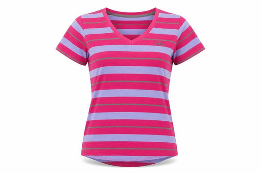 Front view of Lee Cooper women’s multicoloured striped v-neck t-shirt, size UK 12