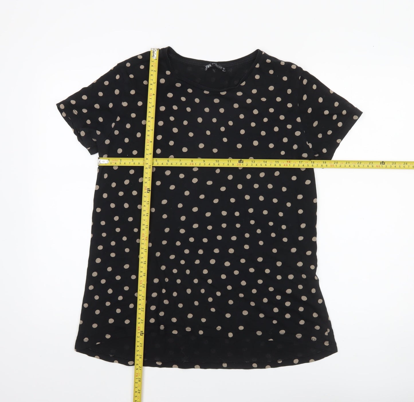 Zara Women Black Polka Dot Viscose Short Sleeve T-Shirt Size 12