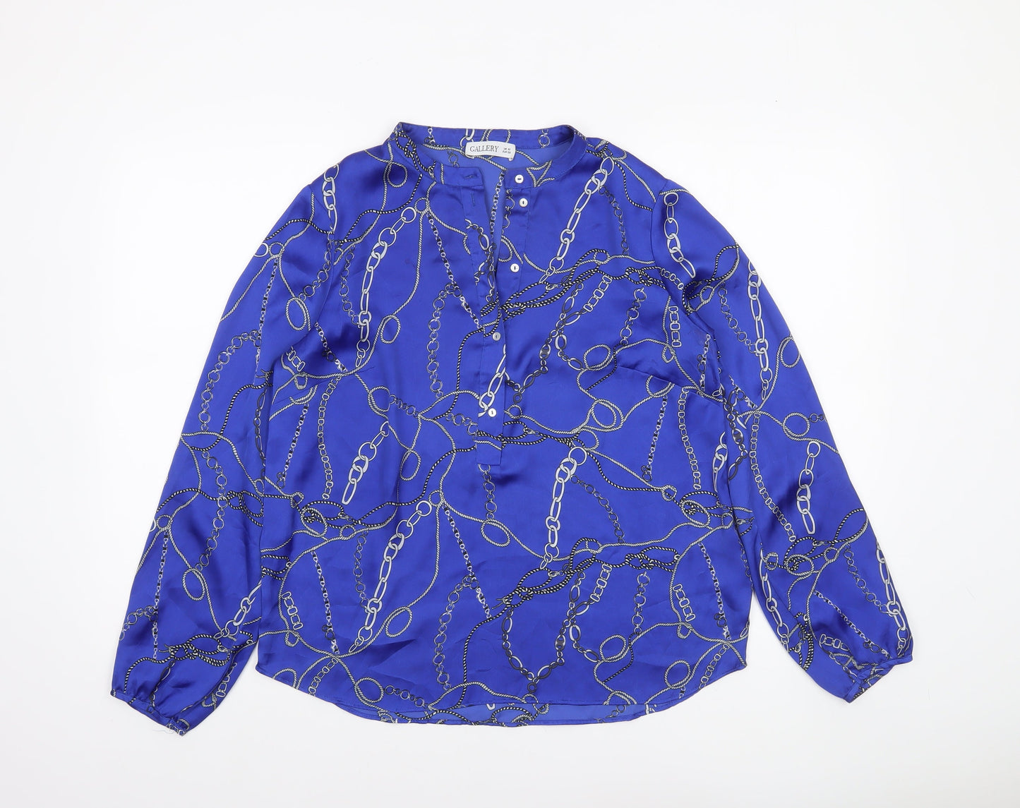 Gallery Womens Blue Chain Print Long Sleeve Satin Blouse Size 10