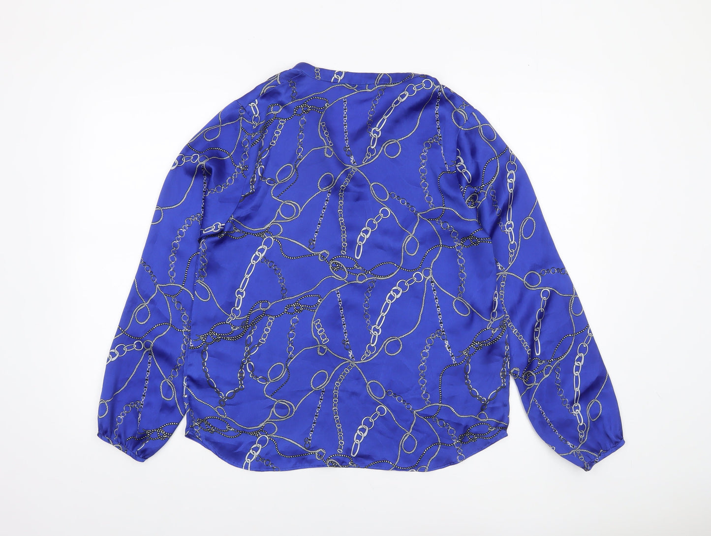 Gallery Womens Blue Chain Print Long Sleeve Satin Blouse Size 10