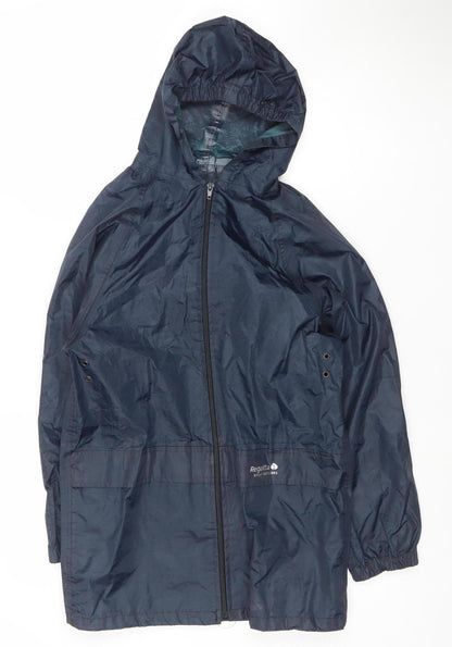 Additional front view of Regatta boys’ blue hooded rain coat 11-12 years waterproof jacket