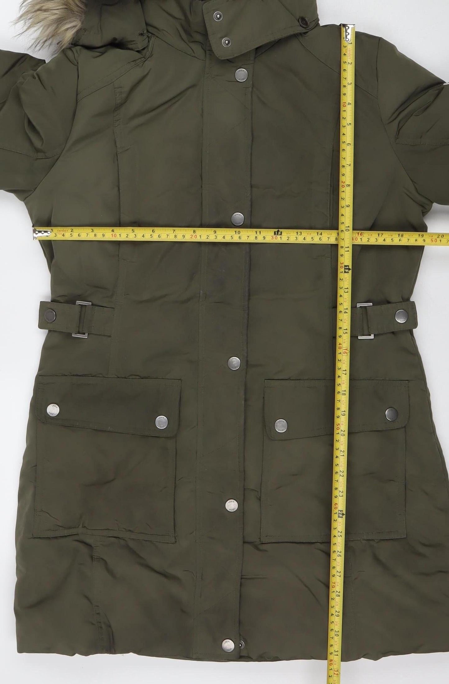 Ultex Women's Green Long Parka Coat M Faux Fur Trim Hooded Down Filled