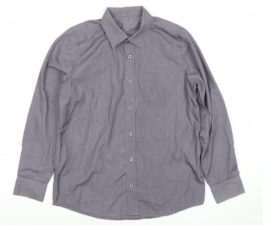 DUNNES STORES Boys Grey Button-Up Long Sleeve Shirt 13-14 Years Classic Fit