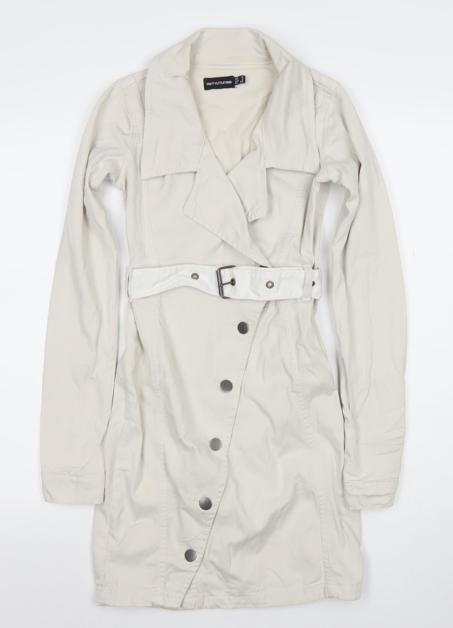 PrettyLittleThing Women’s Beige Trench Coat UK 6 Belted Cotton Blend
