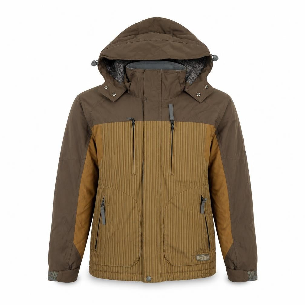 E408 Boys Brown Hooded Winter Puffer Jacket Size M with Full Zip and Pockets