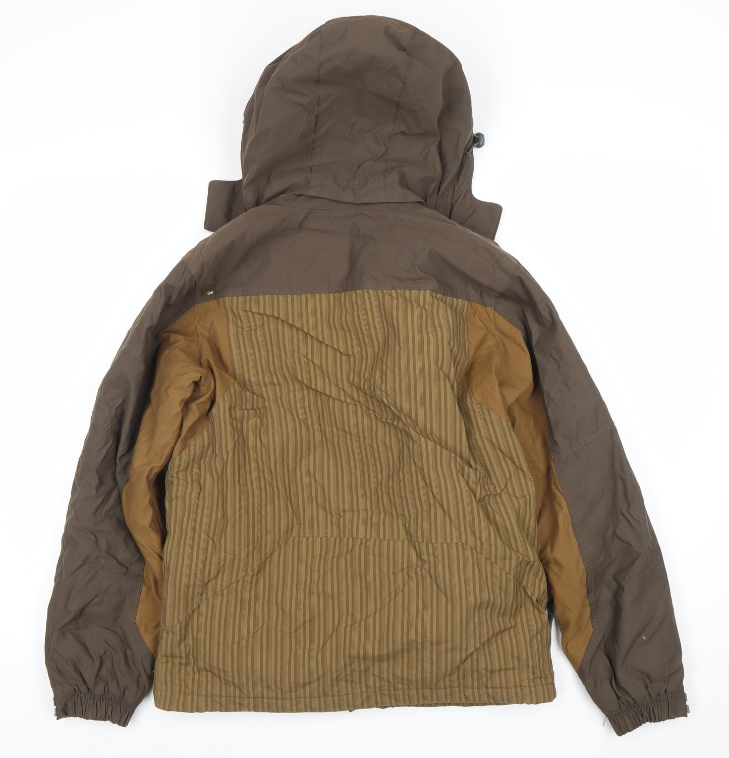E408 Boys Brown Hooded Winter Puffer Jacket Size M with Full Zip and Pockets