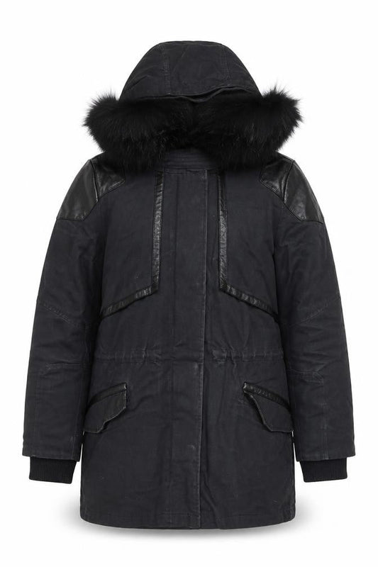 Maje Womens Black Fur Trim Hooded Long Parka Coat Size S