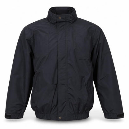 Front view of Trimark boys’ black nylon windbreaker jacket lined zip pockets, size L