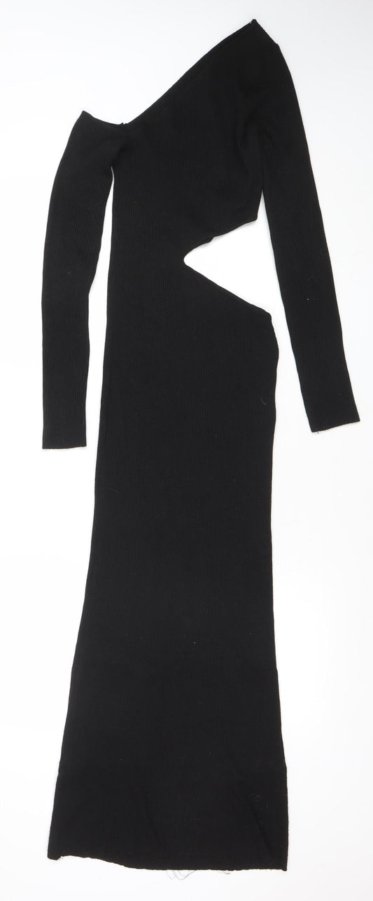 Stradivarius Women's Black XS Ribbed Knit Bodycon Midi Dress