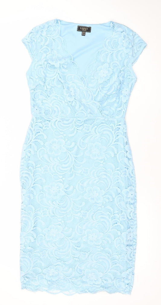 Lipsy Women Blue Lace Strapless Bodycon Dress Size 10