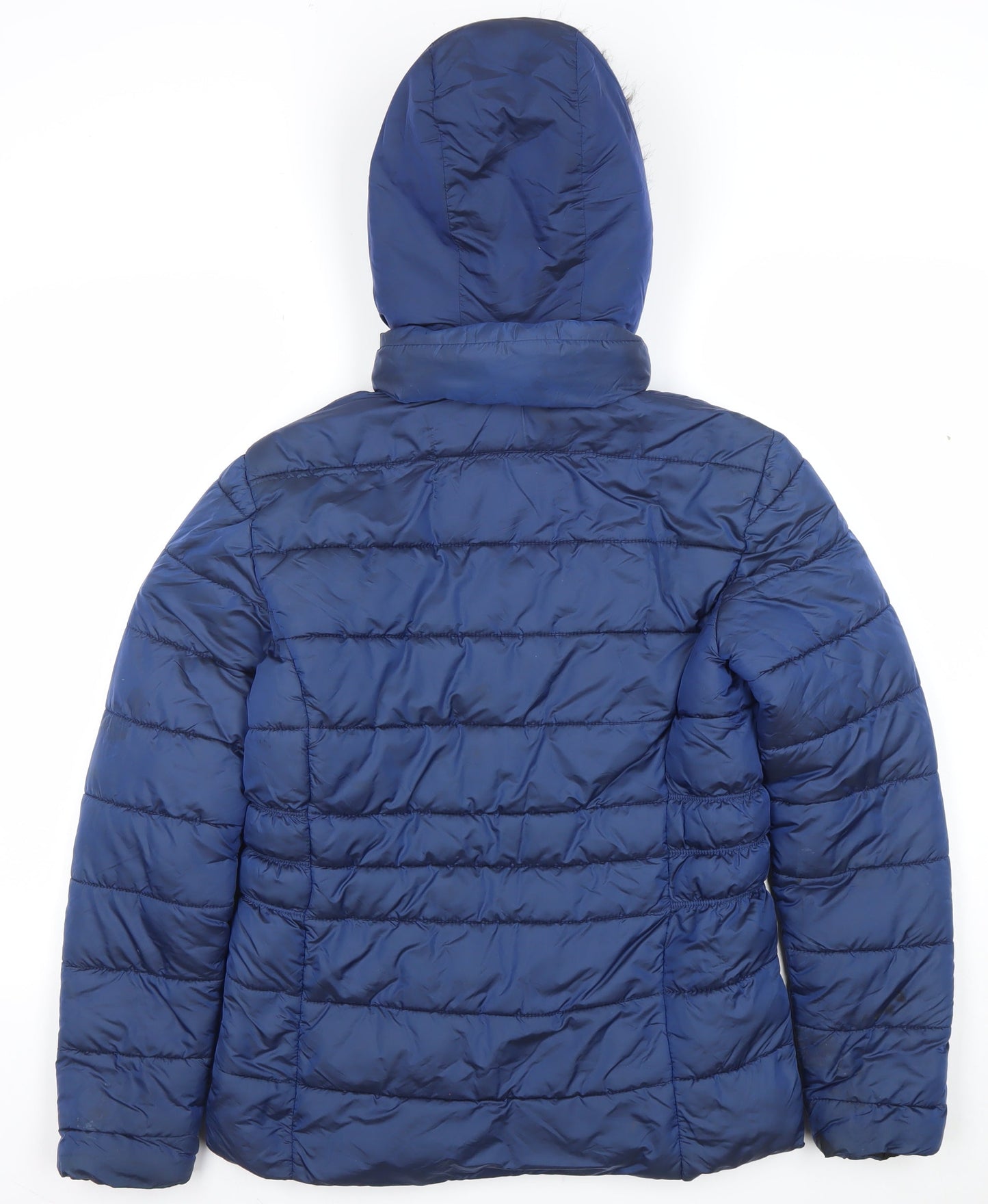 Superdry Womens Blue Hooded Puffer Jacket Size 10 Faux Fur Trim