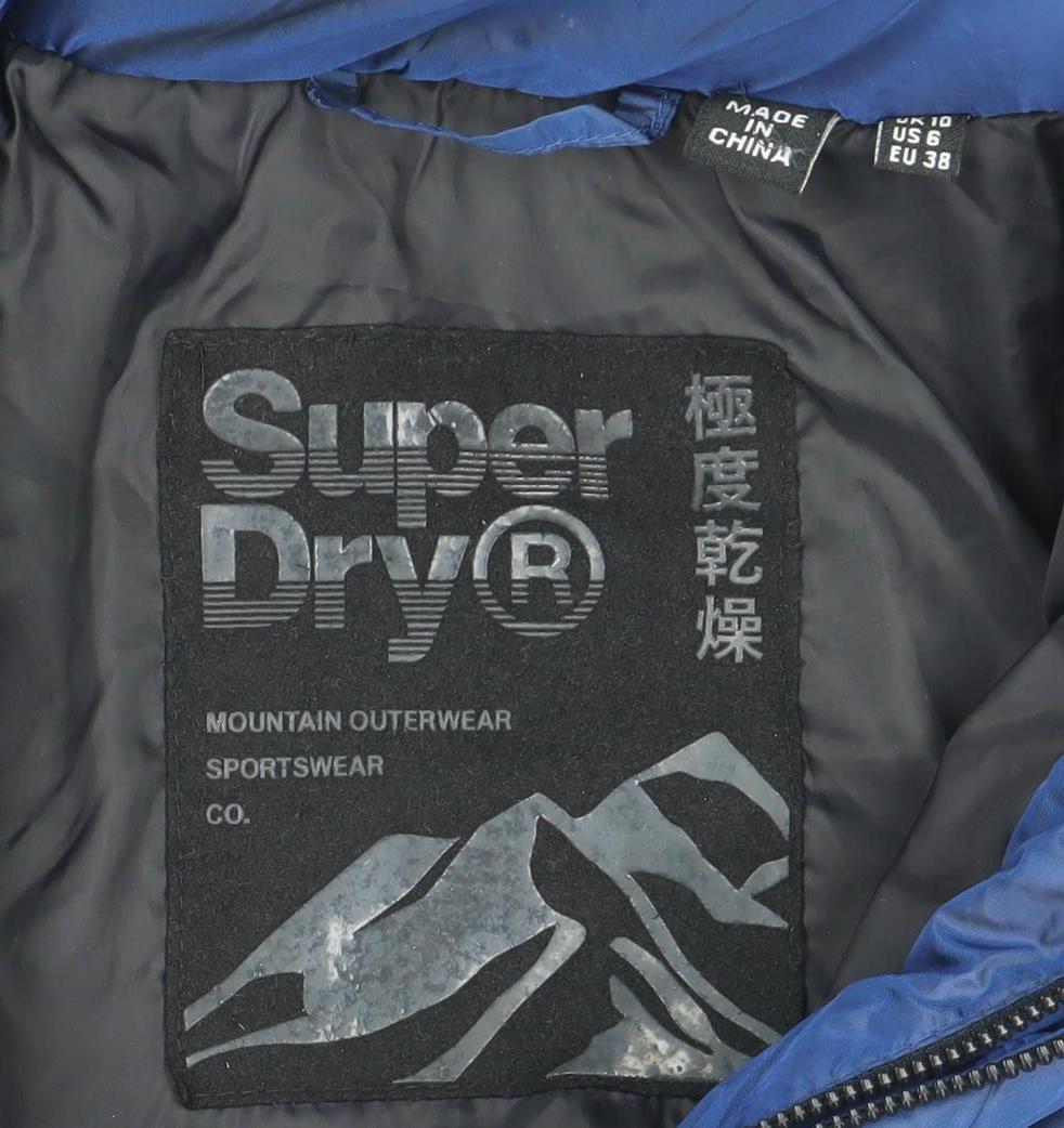 Superdry Womens Blue Hooded Puffer Jacket Size 10 Faux Fur Trim