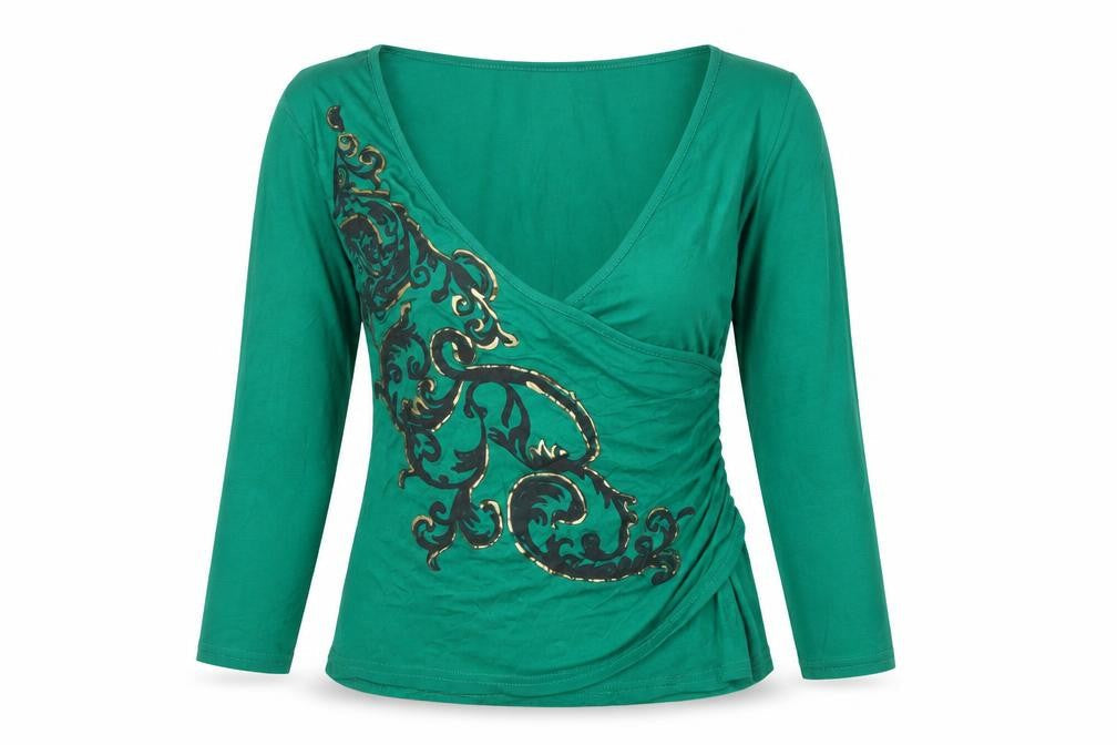 Funky Diva Women's Green Wrap Viscose 3/4 Sleeve Blouse M
