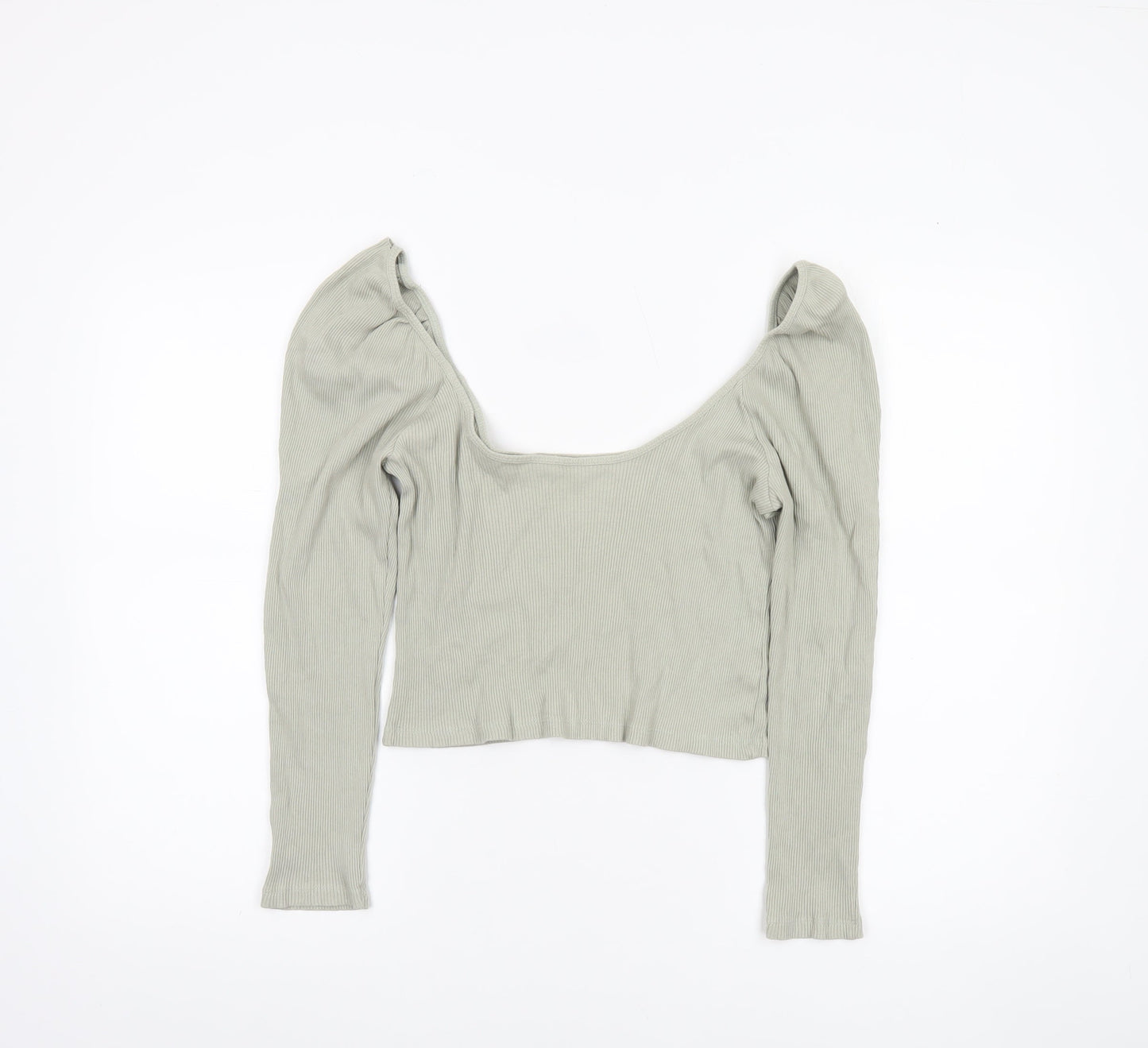 ZARA Women Grey Cropped Long Sleeve Scoop Neck Ribbed Top M