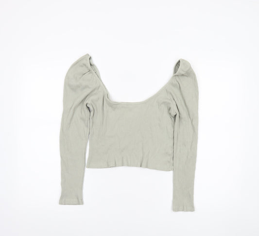 ZARA Women Grey Cropped Long Sleeve Scoop Neck Ribbed Top M