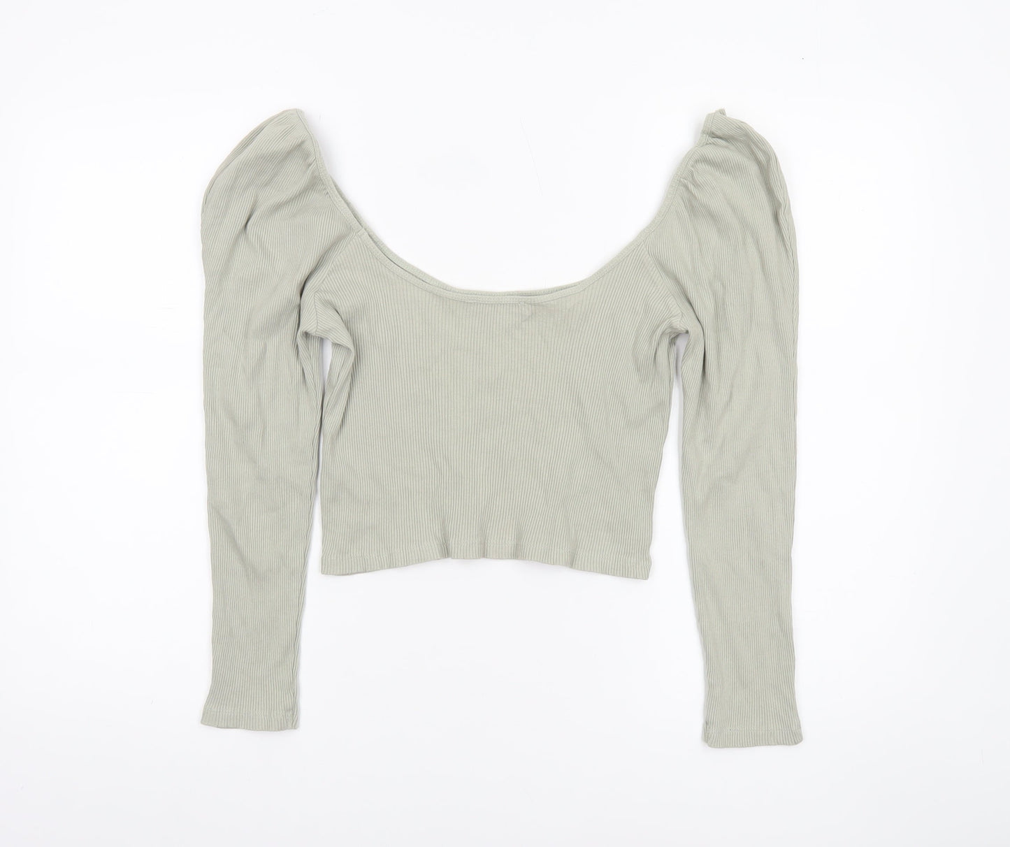 ZARA Women Grey Cropped Long Sleeve Scoop Neck Ribbed Top M