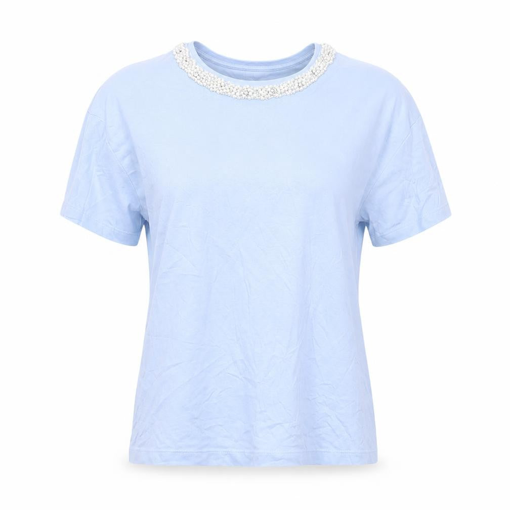 Savida Women's Blue Beaded Neck Cotton T-Shirt Size 12