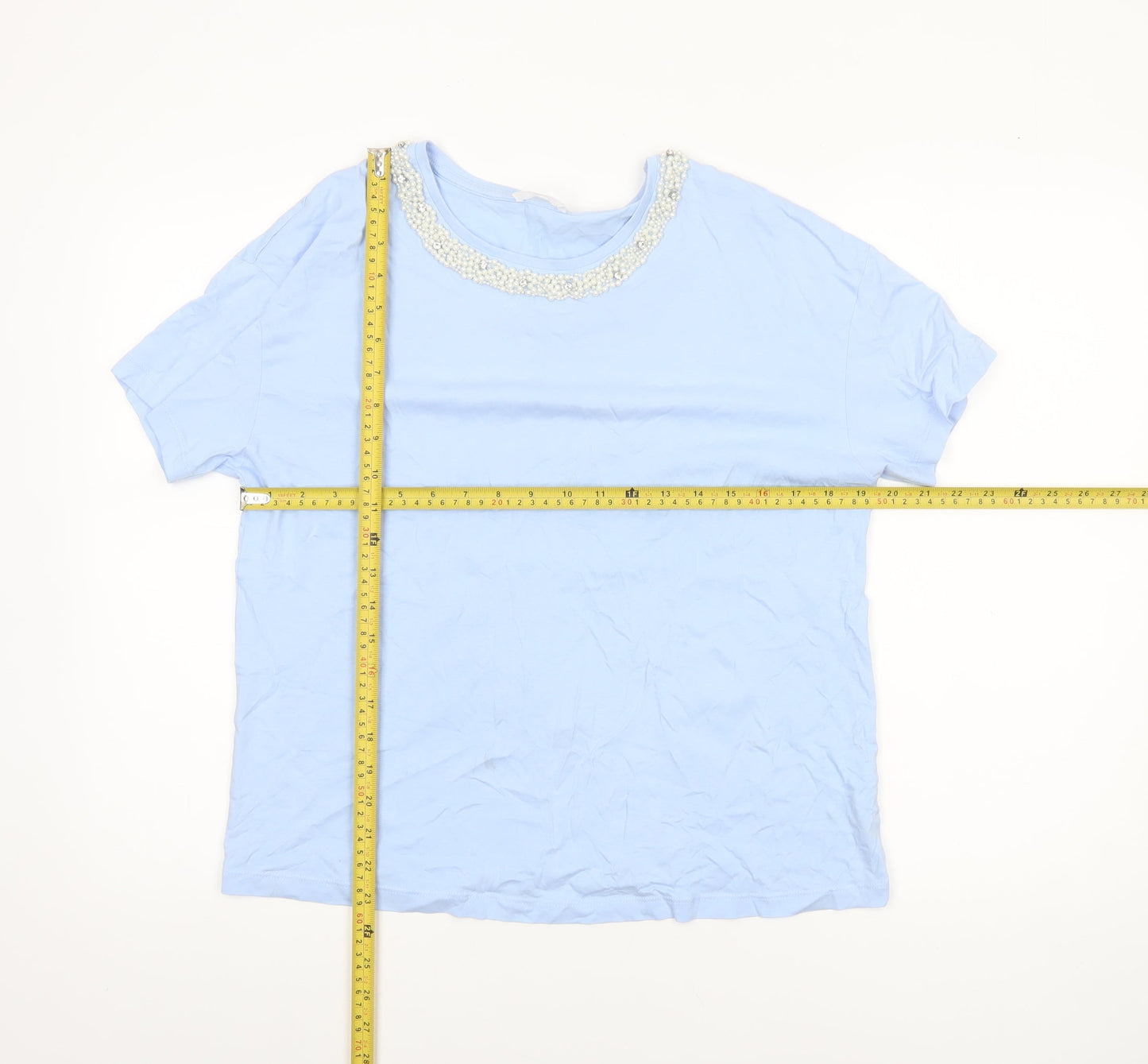 Savida Women's Blue Beaded Neck Cotton T-Shirt Size 12