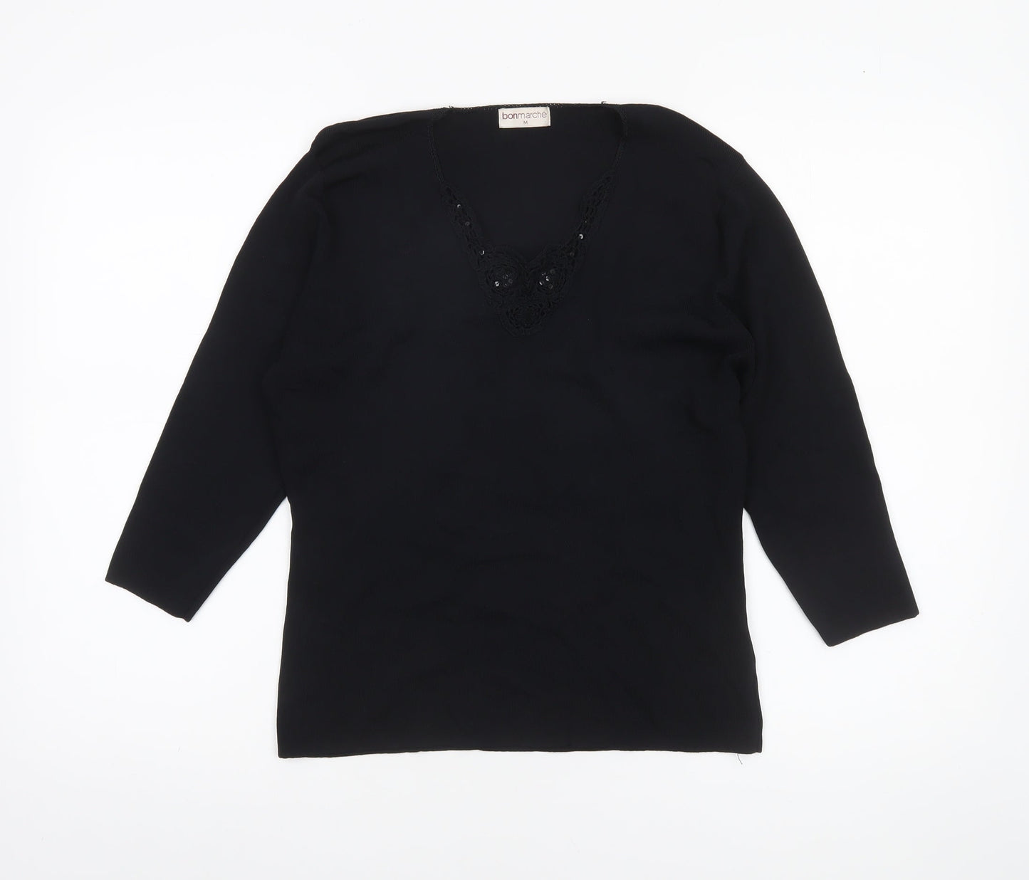 Bonmarché Women’s Black Beaded 3/4 Sleeve Knit Blouse Size M