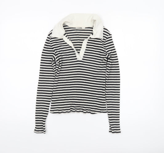MNG Women's Black Stripe Collared Long Sleeve Cotton Top M