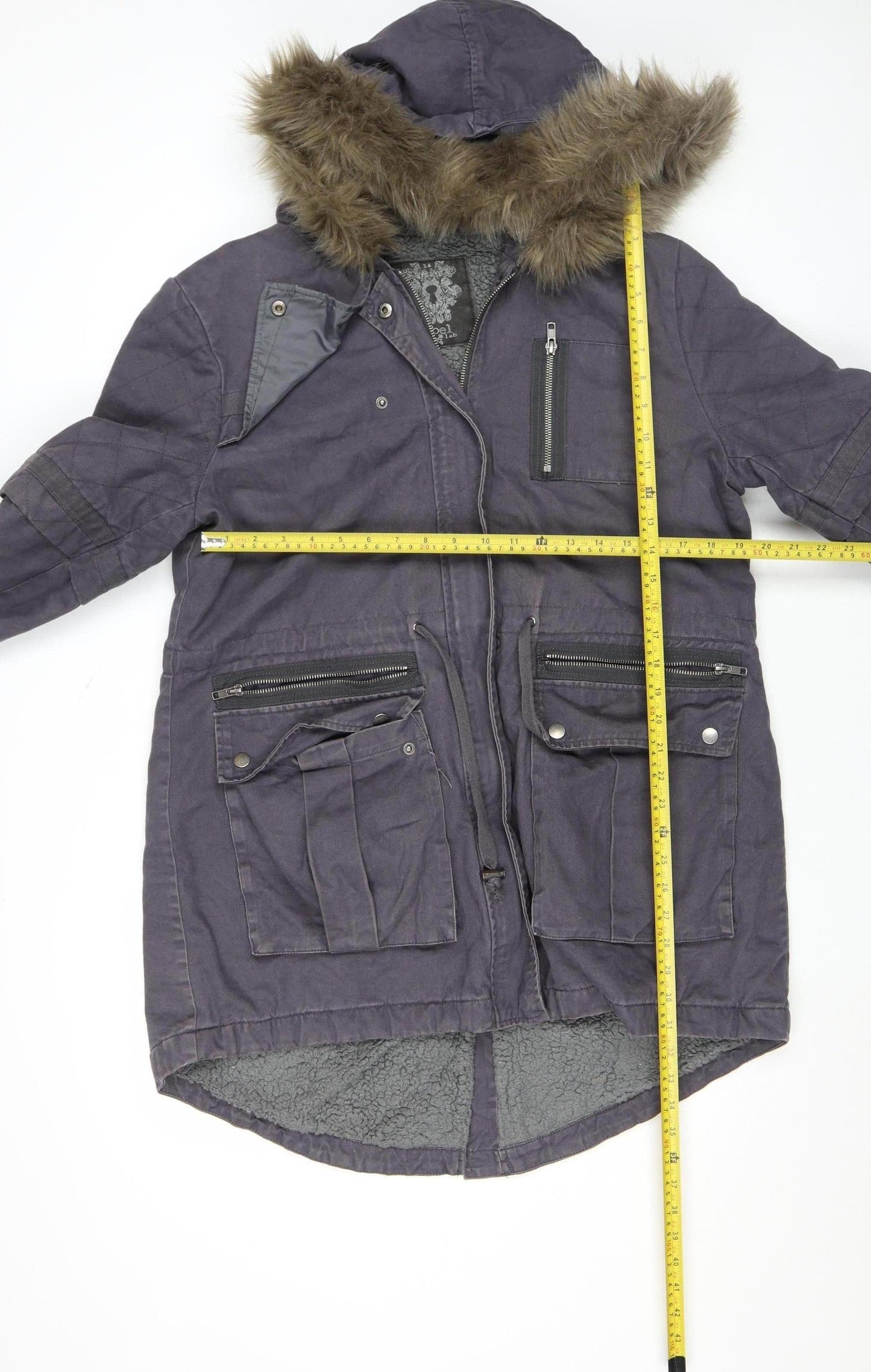 Label Lab Women’s Grey Parka Jacket Size 14 Faux Fur Hooded Mid-Length