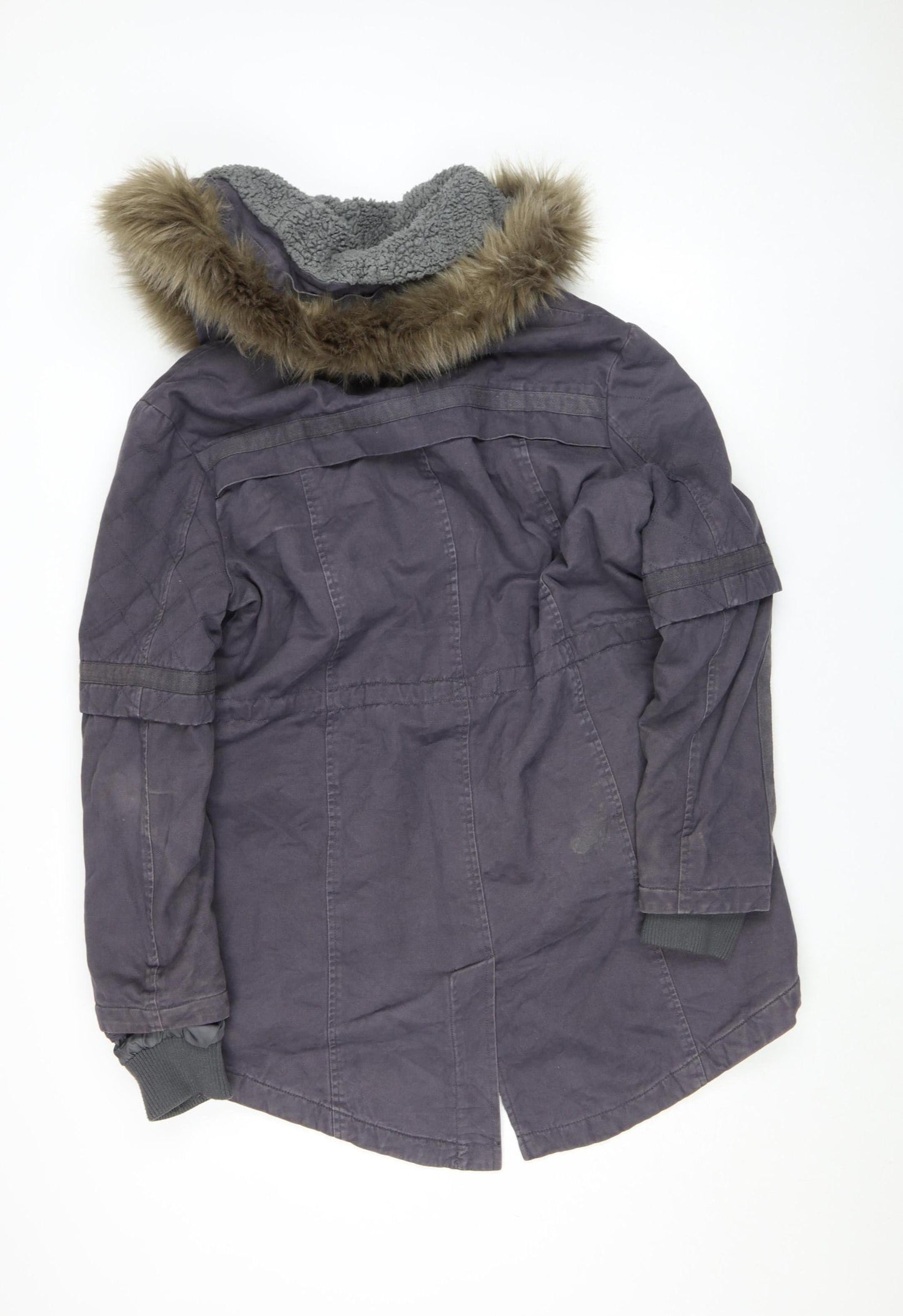 Label Lab Women’s Grey Parka Jacket Size 14 Faux Fur Hooded Mid-Length