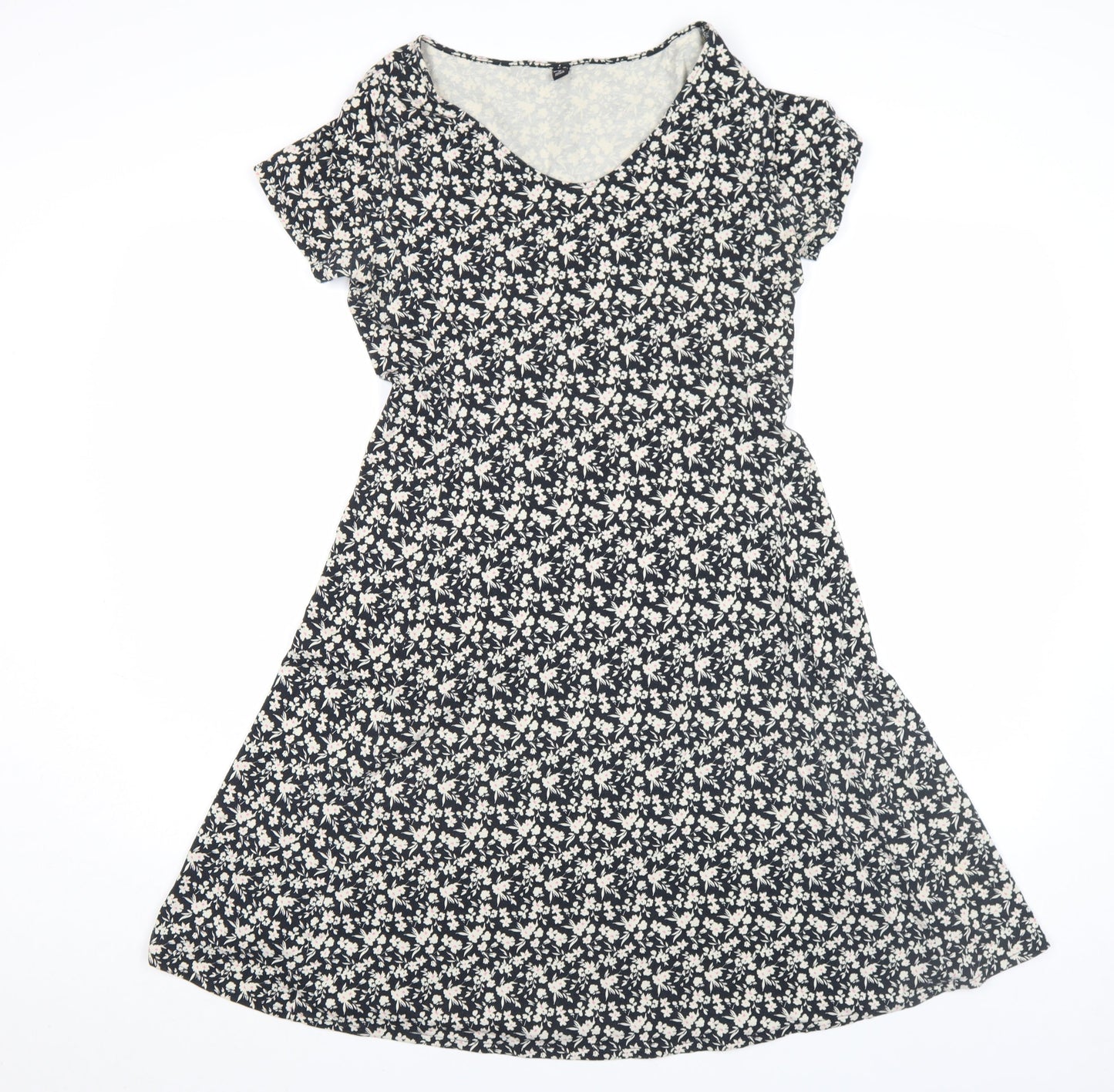 Uniqlo Women Black Floral A-Line Stretch Cotton Jersey Knee Length Dress M