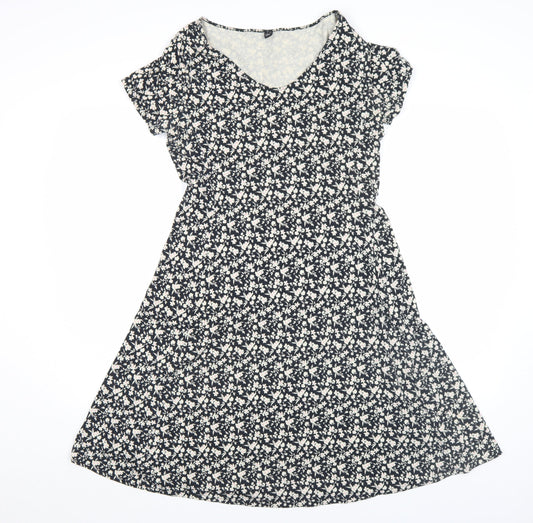 Uniqlo Women Black Floral A-Line Stretch Cotton Jersey Knee Length Dress M