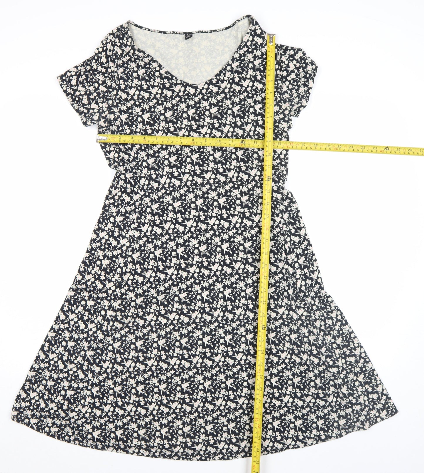 Uniqlo Women Black Floral A-Line Stretch Cotton Jersey Knee Length Dress M