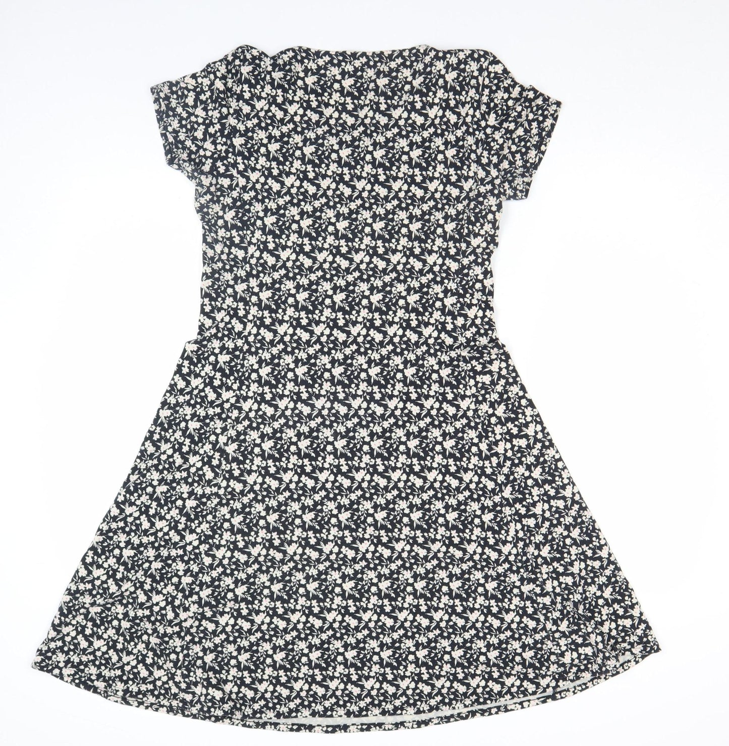 Uniqlo Women Black Floral A-Line Stretch Cotton Jersey Knee Length Dress M