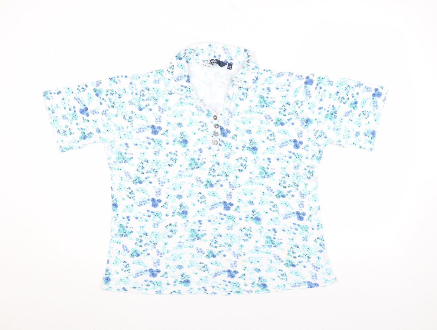 Vibe Womens White Blue Floral Cotton Polo Shirt Size M 14-16