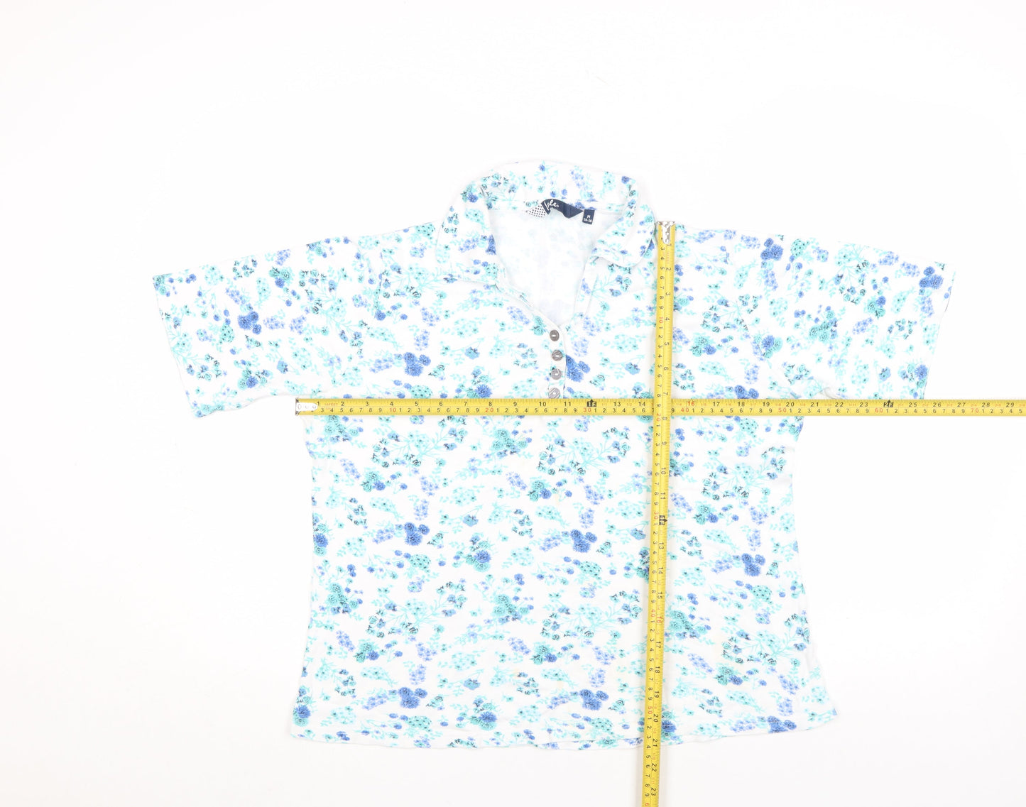 Vibe Womens White Blue Floral Cotton Polo Shirt Size M 14-16