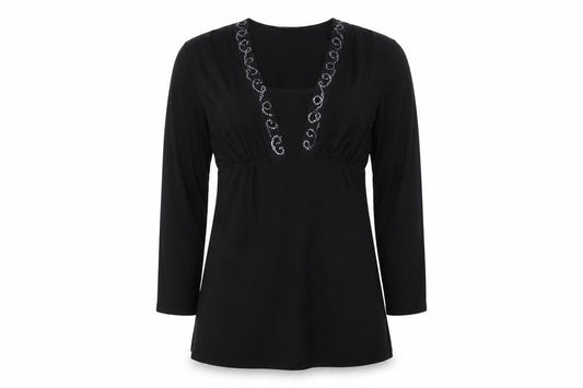 Front view of Autograph Women's Black Beaded V-Neck Tunic Blouse, size 6