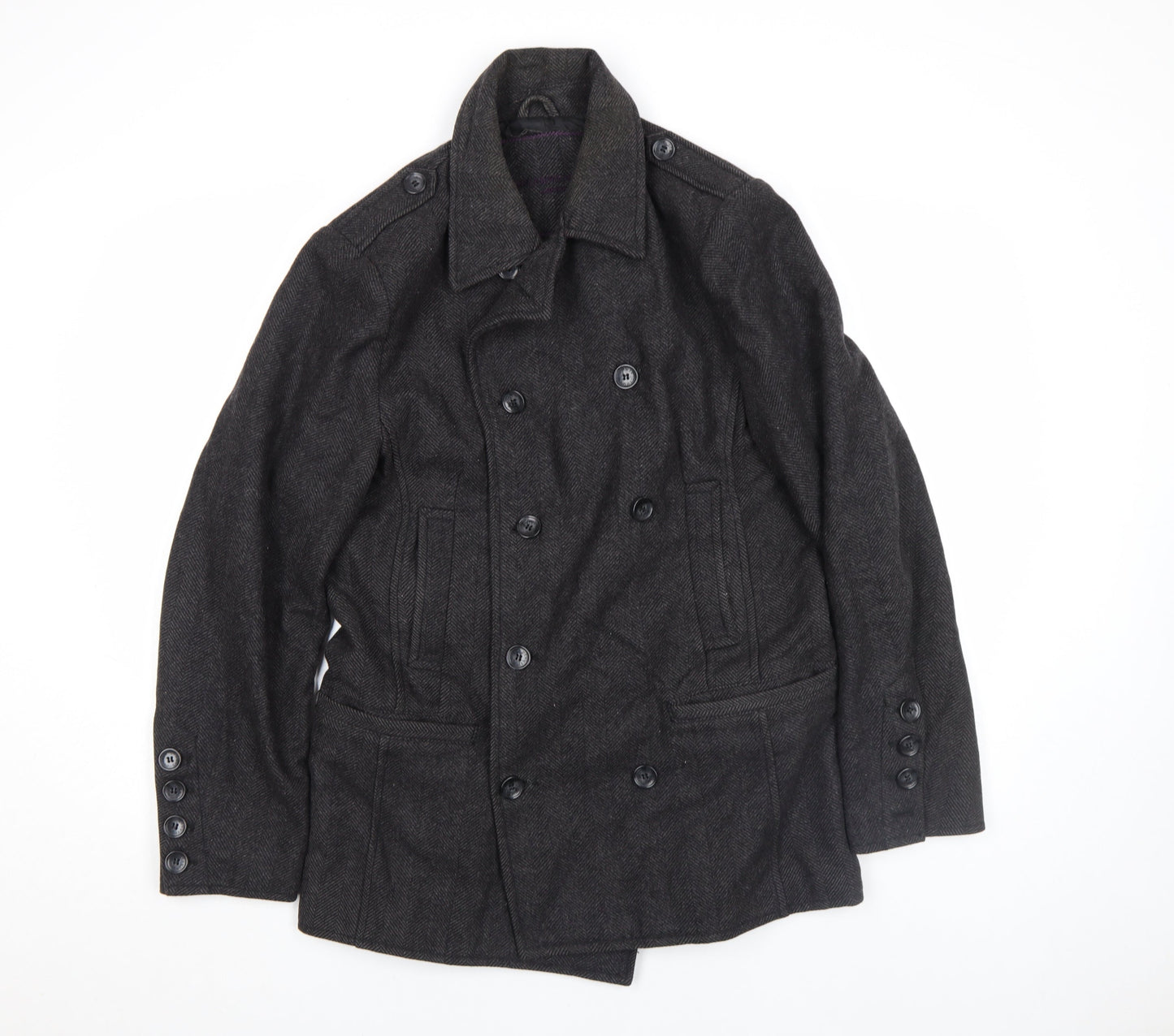Dreamweaver London Men's Grey Wool Blend Herringbone Pea Coat M