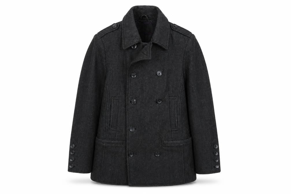 Dreamweaver London Men's Grey Wool Blend Herringbone Pea Coat M