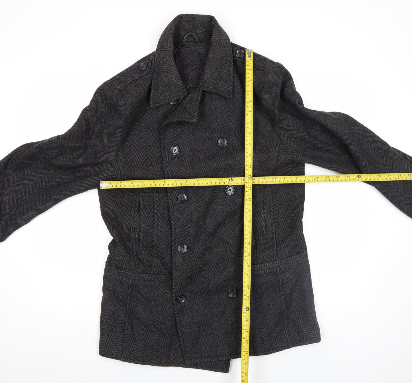 Dreamweaver London Men's Grey Wool Blend Herringbone Pea Coat M